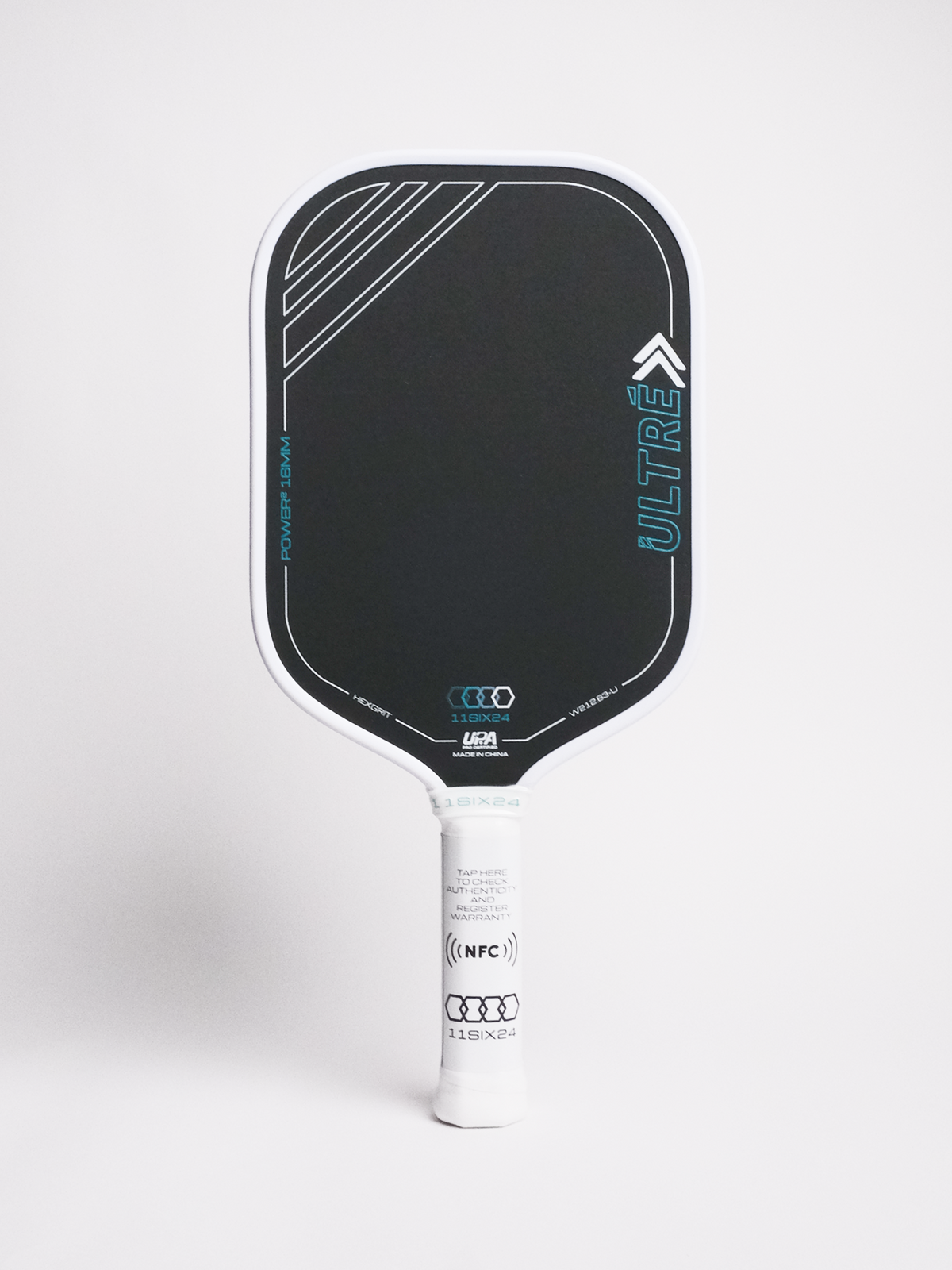 11Six24 Ultré Power 2 pickleball paddle, white colourway, front view of the black textured face