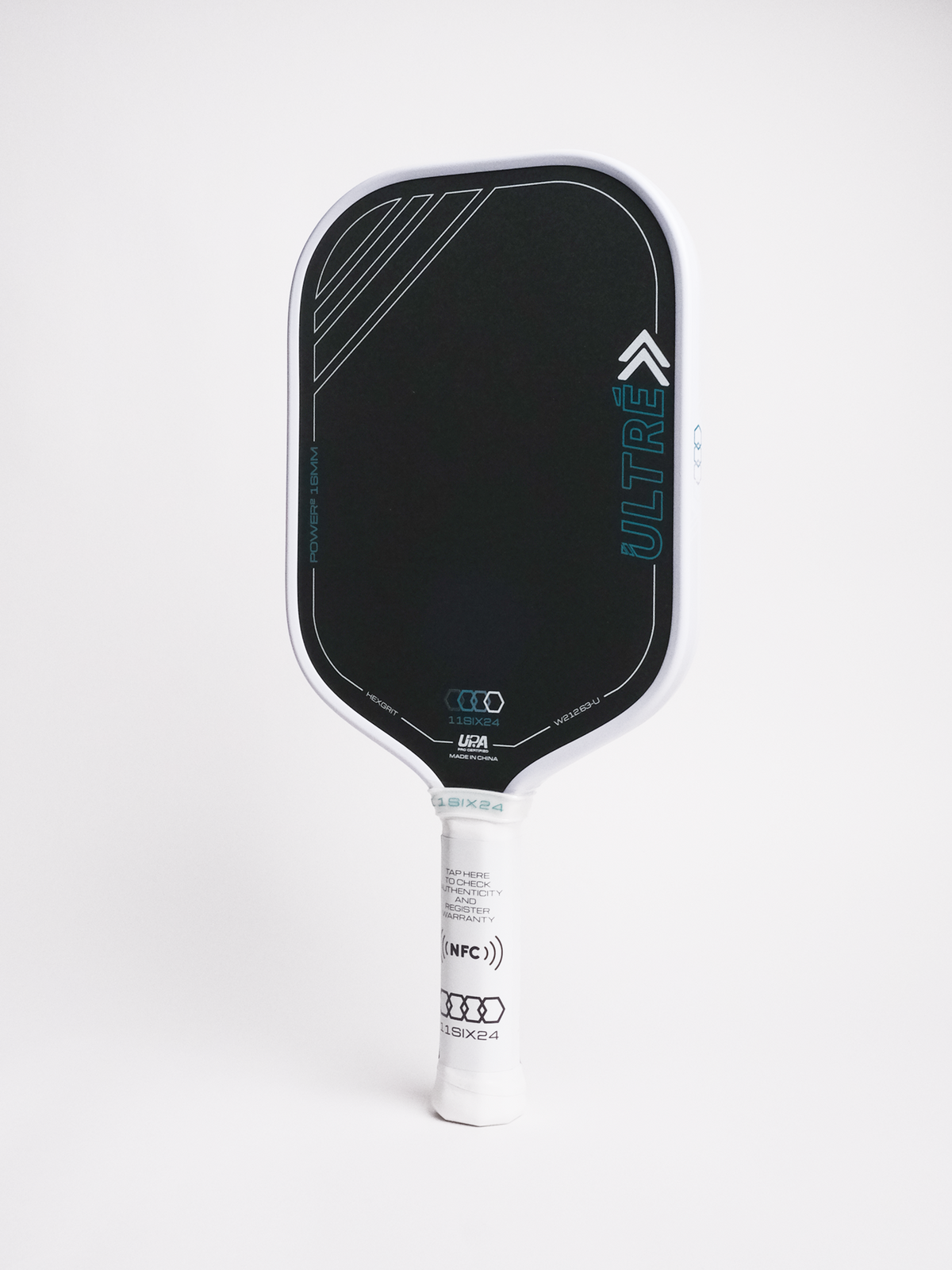 11Six24 Ultré Power 2 pickleball paddle, white colourway, front view showing the Ultré face graphic and NFC-tagged handle