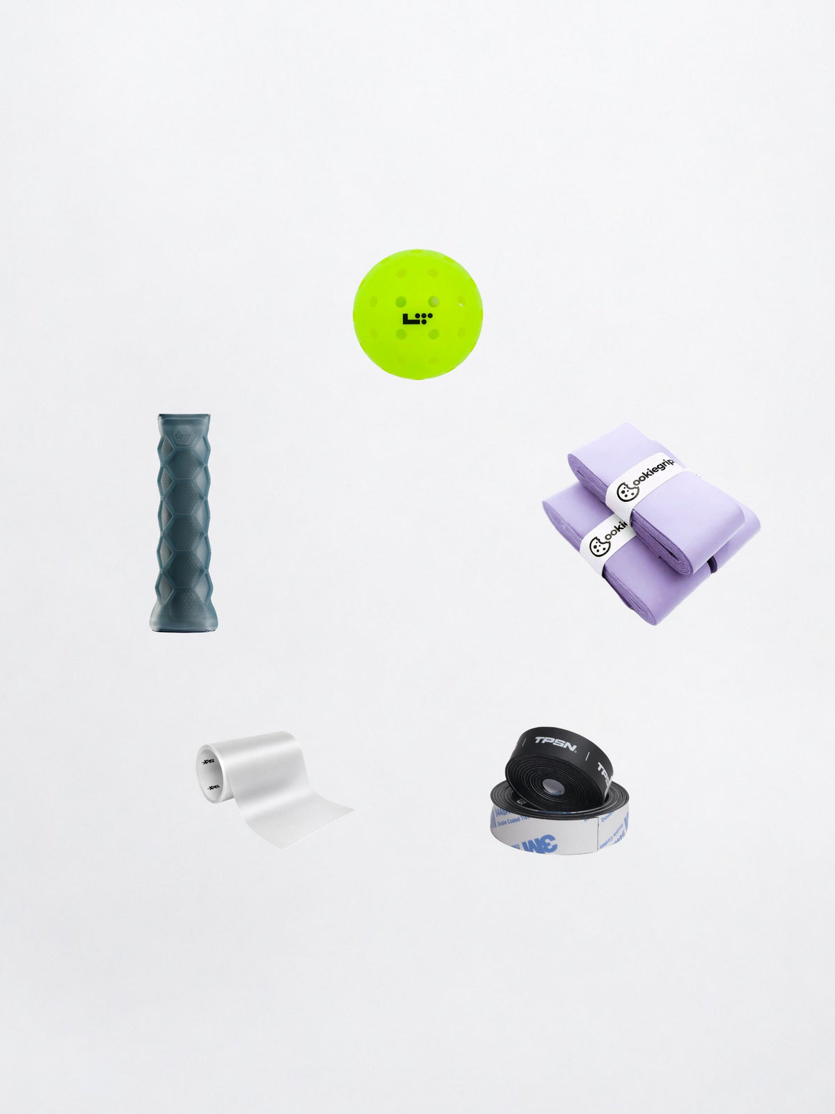TPSN Essentials Plus kit: Hesacore undergrip, Cookie Grips overgrip, XPEL edge guard film, Life Time LT Pro 48 balls and TPSN tungsten tape